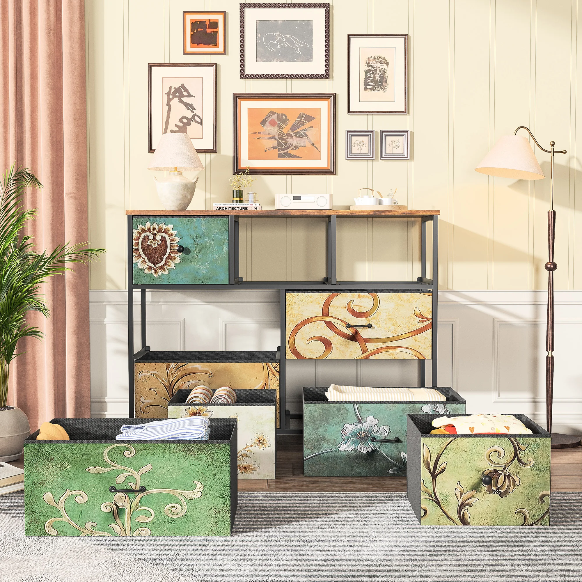 Comanlai Kommode mit 7 Schubladen aus Stoff, Schmaler Schminktisch, Aufbewahrungsschubladen, Bohemian Schlafzimmer-Aufbewahrungsschrank – Detail 8