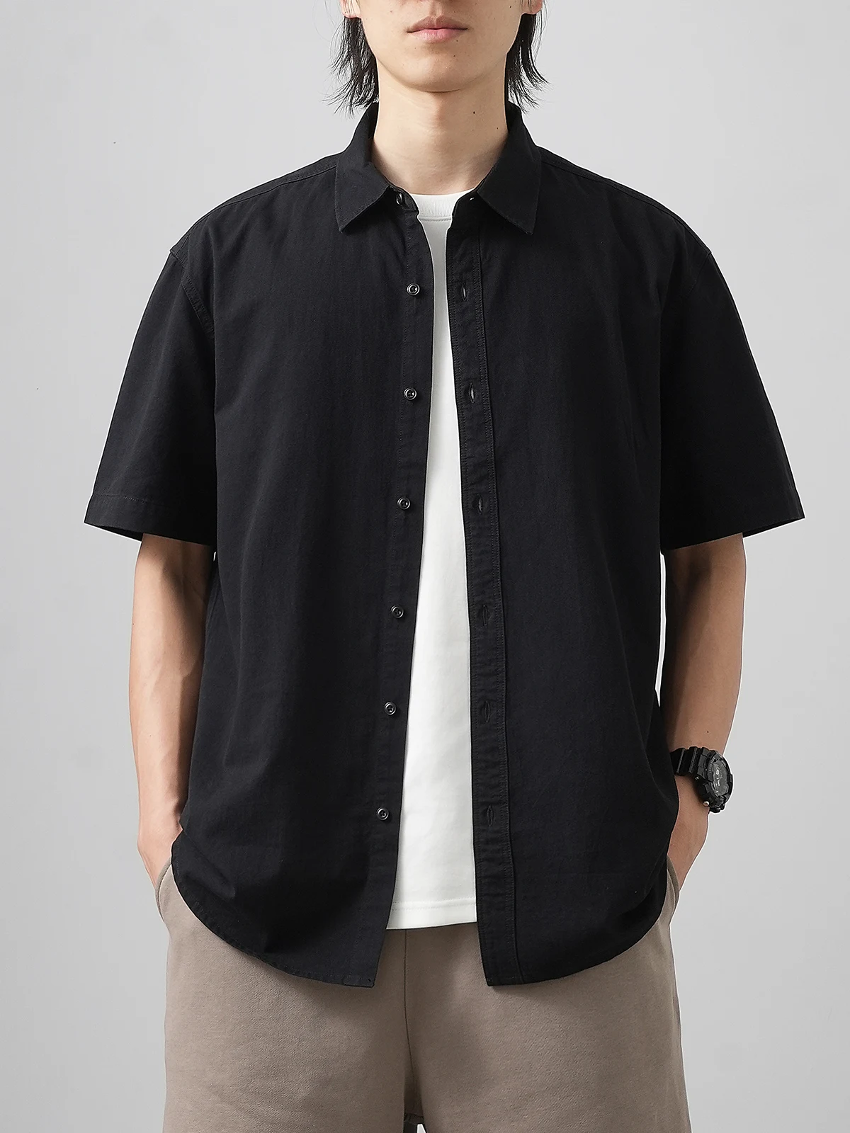 Men Cotton Shorts-Sleeve Shirts Summer Solid Color Turn-Down Collar Formal Shirts White Basic Causal