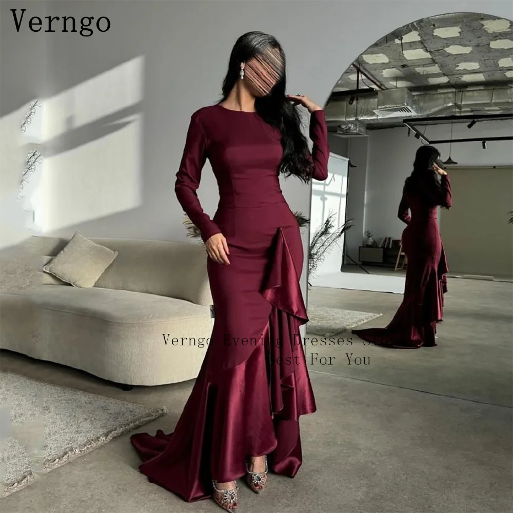 Verngo Burgundy Bordeaux Evening Dress O Neck Full Sleeves Pleat Prom Gown  Arabic Formal Occasion Dresses Customized - AliExpress 320