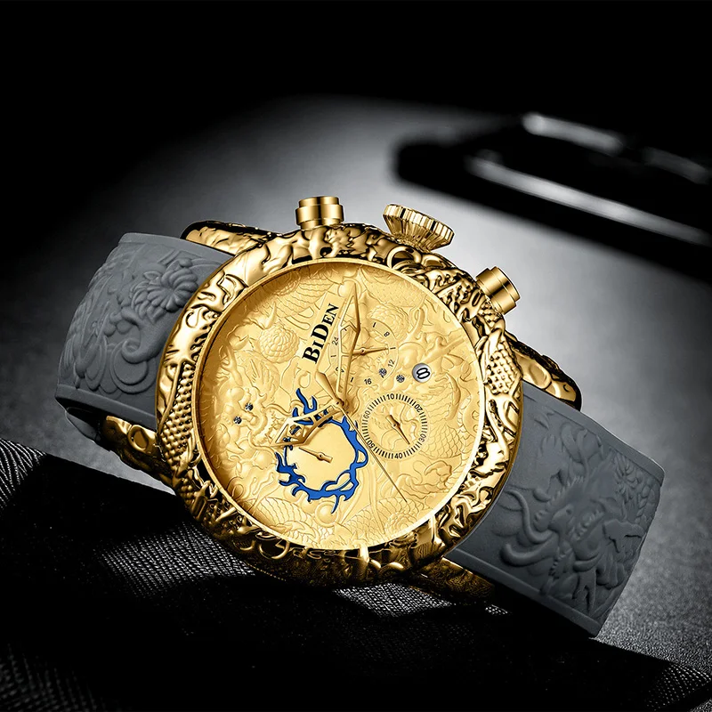 Mens Watches Top Brand Luxury BIDEN Dragon Scale Pattern Carving Antique Style Golden Dragon Dial Silicone Strap Gift for Male