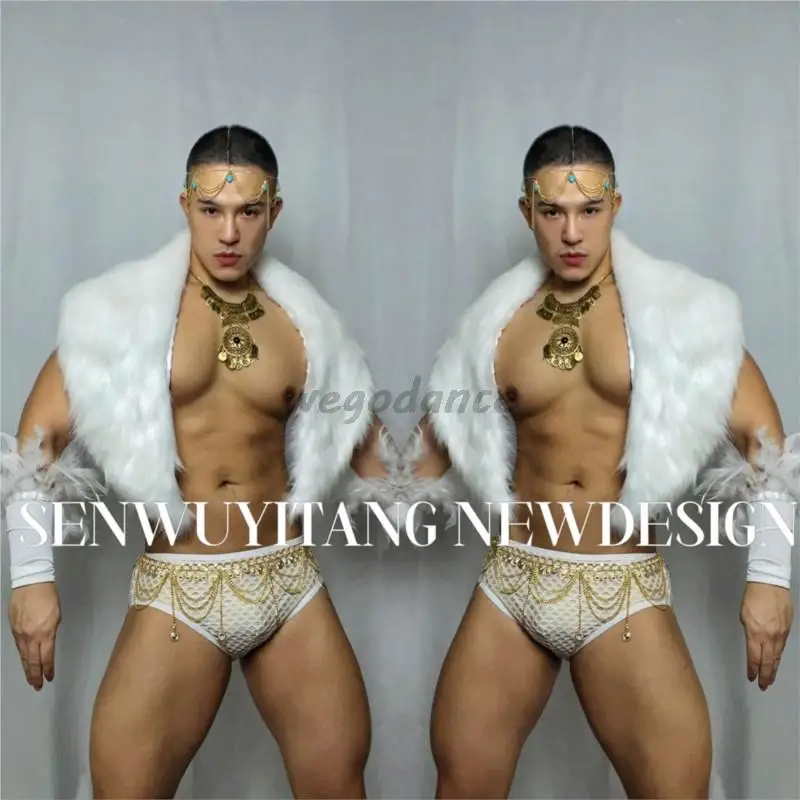 

New Bar Nightclub White Christmas Feather Set Men GogoDs Performance Costume