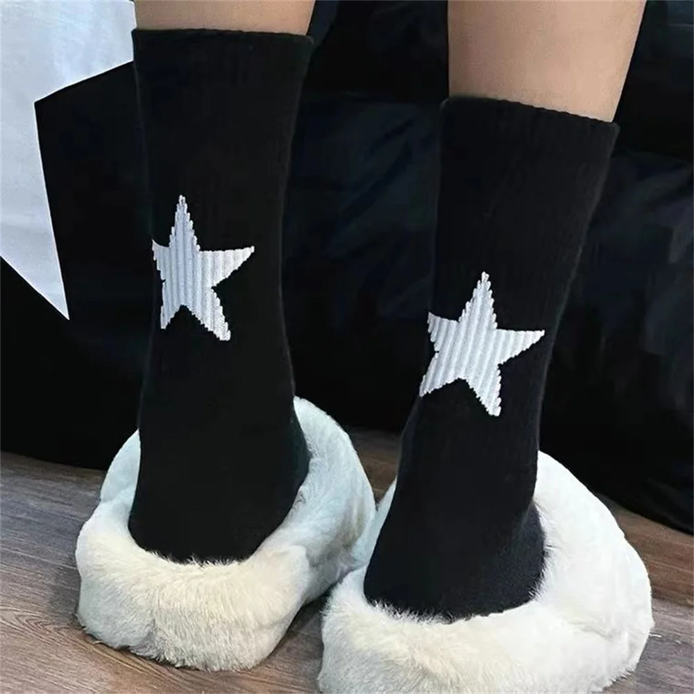 White Black Pentagram Socks for Men Women Autumn Winter Fashion Simple Sporty Style Gothic Harajuku Cotton Star Y2K Stockings