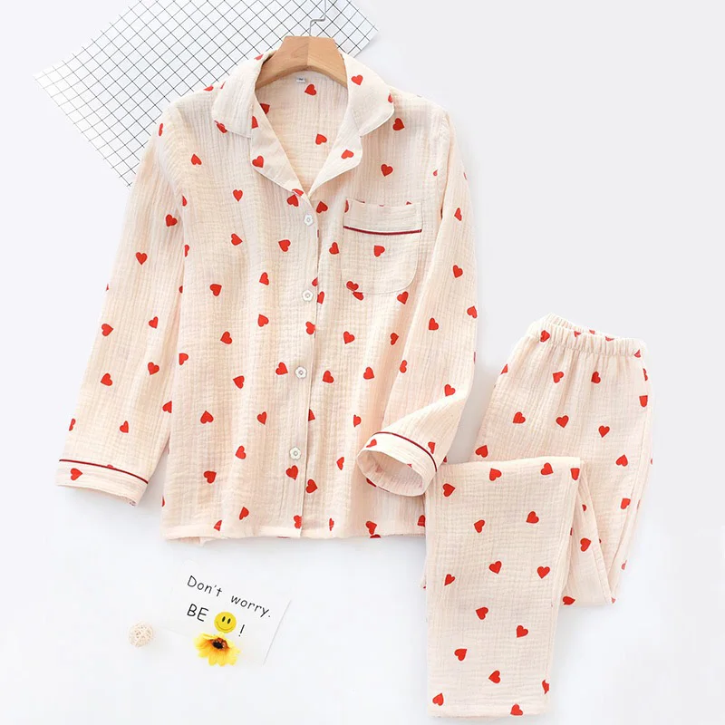 Spring New Ladies Pajamas Set Heart Printed Crepe Cotton Double-layer Gauze Turn-down Collar Long-sleeve Trousers Household Wear cotton pjs Pajama Sets