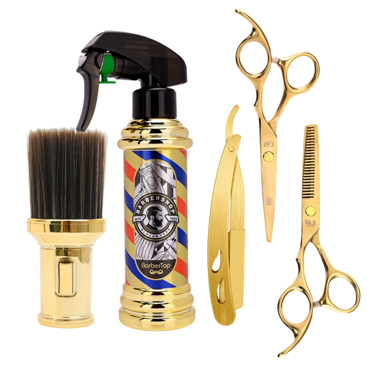 5PCS Hairdressing Styling Tools Set Gold Barber Spary bottle 6‘’ Haircut Scissors Men Manual Shaver Salon Hair Cleaning Brush 420d oxford cloth manual wheelchair rear bag reflective strap storage pouch water bottle organizer accessories blue