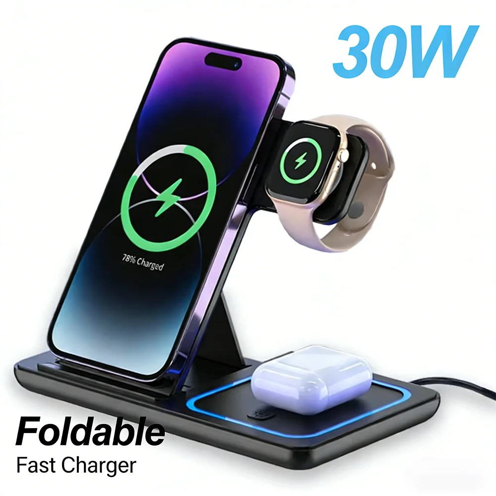 Estación de Carga Inalámbrica Plegable 3 en 1 de 30W para iPhone Pro Max, iWatch Ultra, Airpods Pro, Base de Carga Rápida