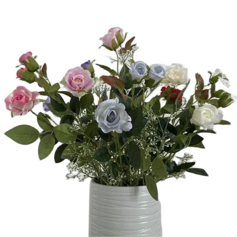 One Faux Single Stem Spring Rose (3 Teste/Pezzo) 26 "Lunghezza Simulazione Mini Rosa Green Leaf Per Centrotavola Matrimonio 8 Colori