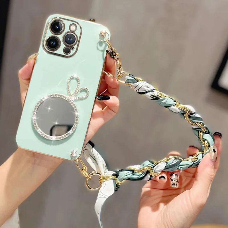 Söt Kaninspegel Silk Lanyard Armbandsfodral För Samsung Galaxy A34 A54 A53 A32 A33 A13 4G 5G A25 A31 A21S A14 A12_voghion.com