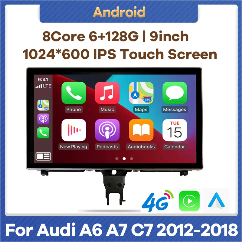 

9" 6G+128G Android 13 Car Video Player for Audi A6 C7 A7 2012-2018 Auto Radio Stereo Audio CarPlay Screen GPS Headunit 4G WiFi