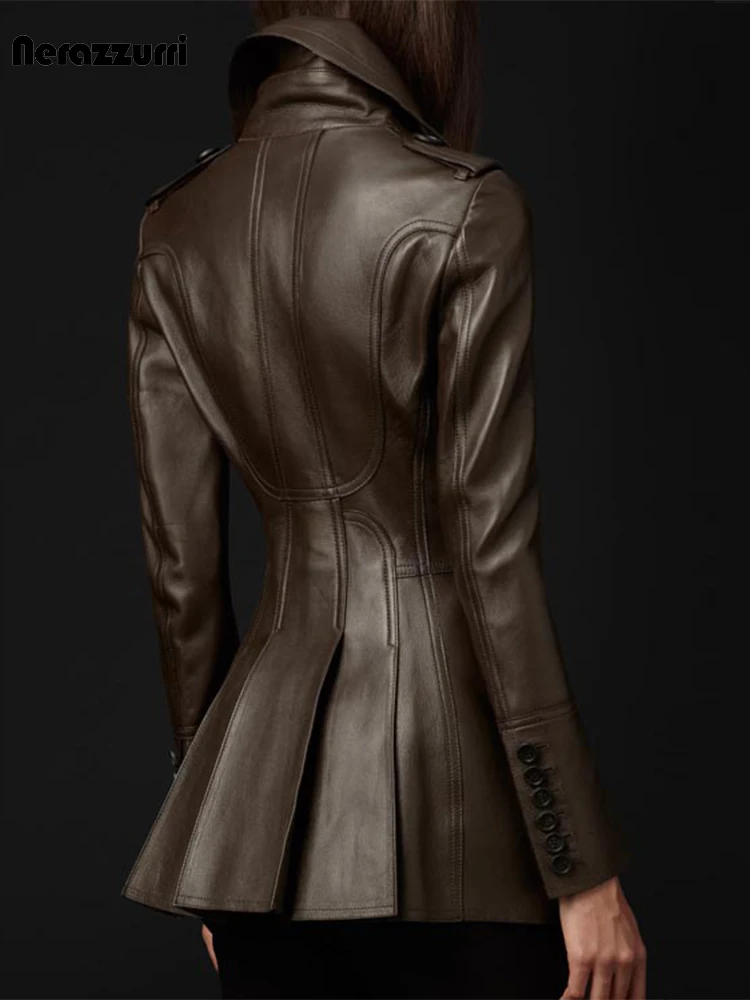 528746-fd588d.jpg S115b5d79b2974525bcf915283ea2c58dP British Style Brown Leather Trench Coat for Women Double Breasted Runway Fashion Fitted Soft Faux Leather Blazer Mallzona