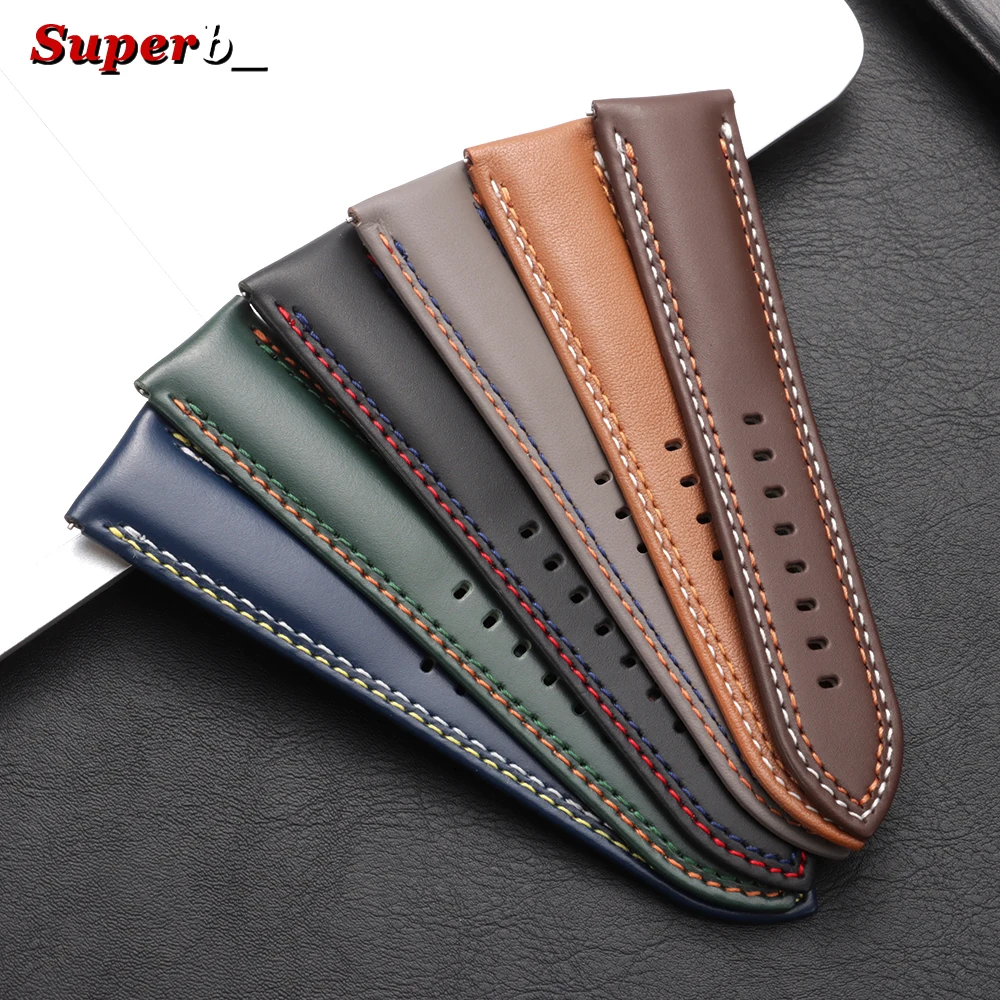 Premium Genuine Calfskin Leather Watch Strap with Butterfly Buckle and Dual Stitching