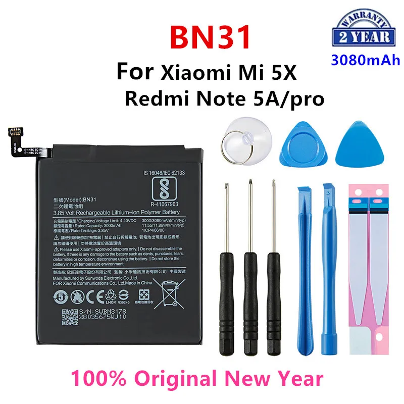 

100% Orginal BN31 3080mAh Battery For Xiaomi Mi 5X MI5X Redmi Note 5A / Pro Mi A1 Redmi Y1 Lite S2 BN31 Batteries +Tools