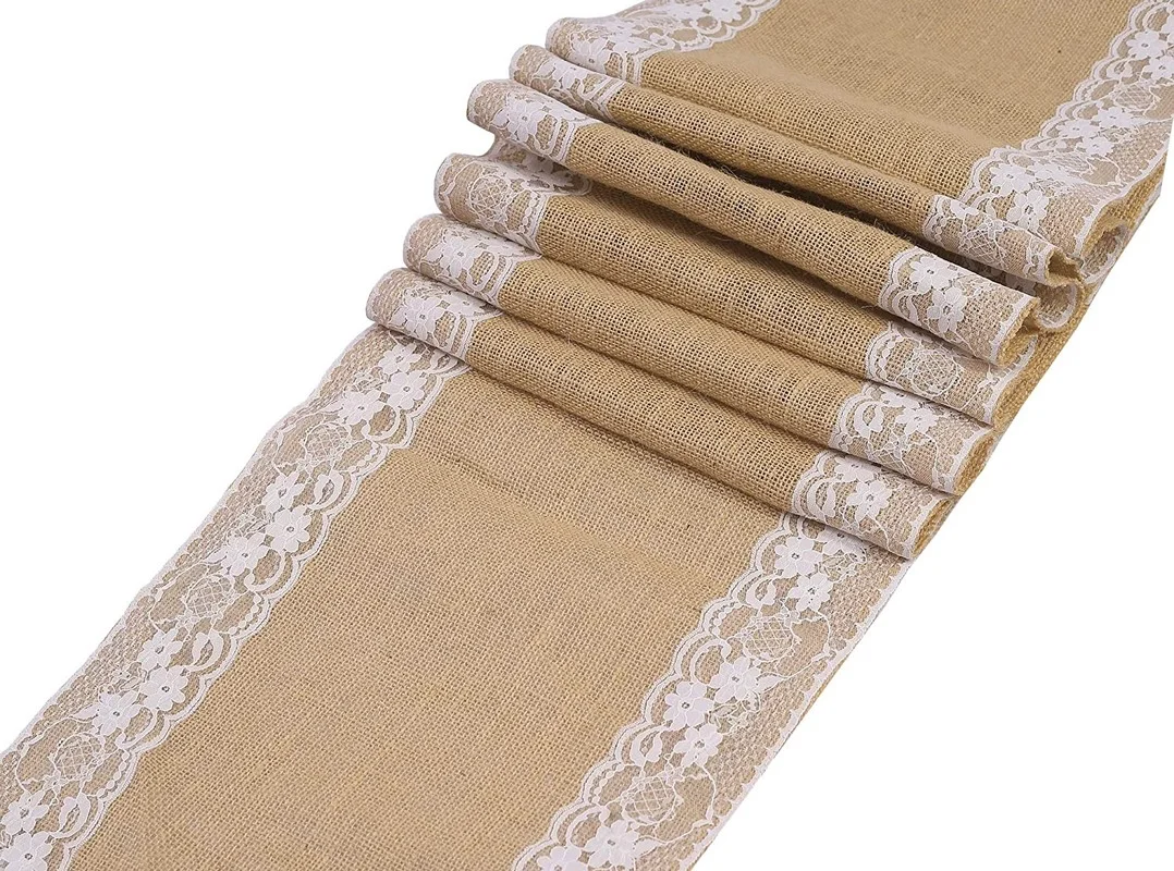 108/180/220Cm Runner Da Tavola In Tela Di Iuta Di Pizzo Rustico Naturale Juta Country Vintage Runner Da Tavola Per La Decorazione Di Banchetti Di Nozz
