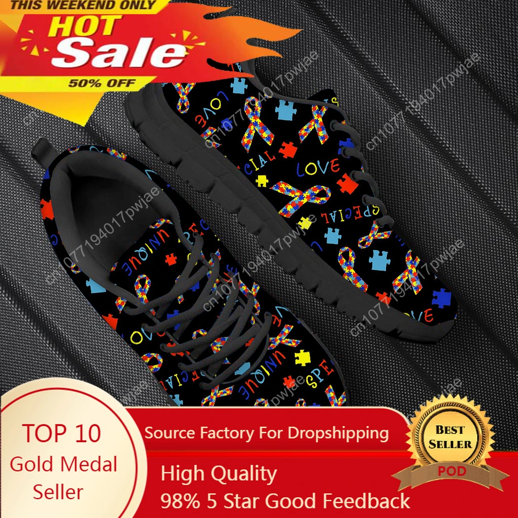 Autism Awareness Pattern Women Breathable Sneaker Shoes Comfortable Lacing Flat Shoes Summer AF Mesh Walking Shoe