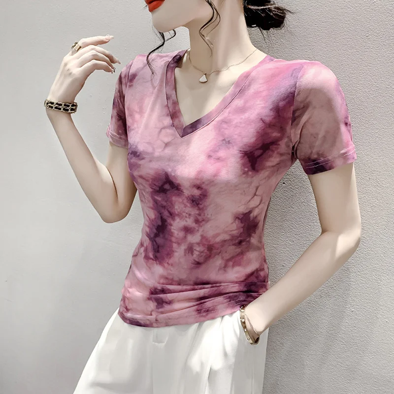 

#6687 Сетчатая футболка с принтом Tie Dye, Женская Сексуальная короткая футболка с V-образным вырезом, тонкая эластичная винтажная уличная одежда с коротким рукавом, лето 2023