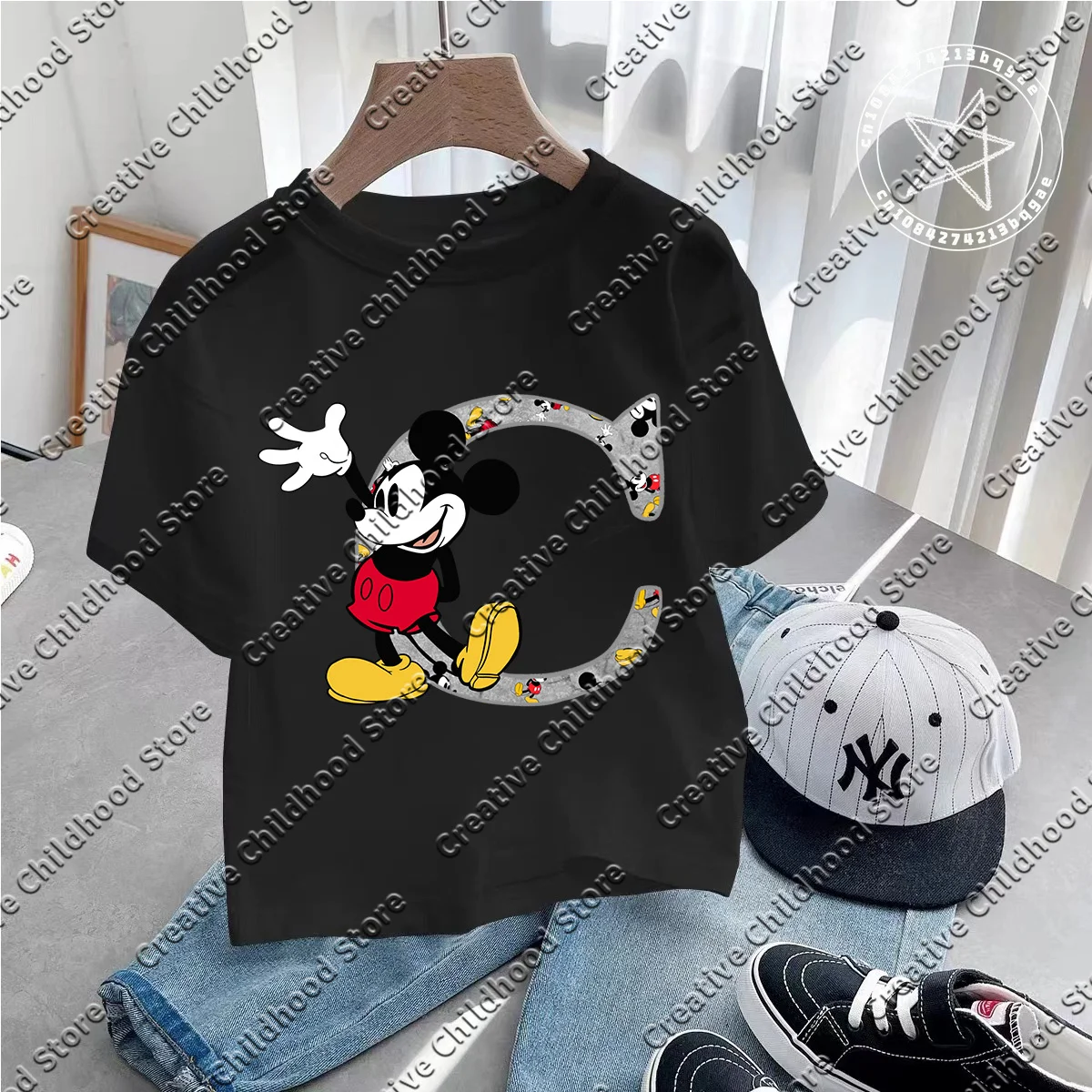 2025 Summer Disney Mickey Mouse A-Z 26 English Letter Graphic girls T-shirt boys Y2K New Tee Top Harajuku Female O Neck Clothes 3