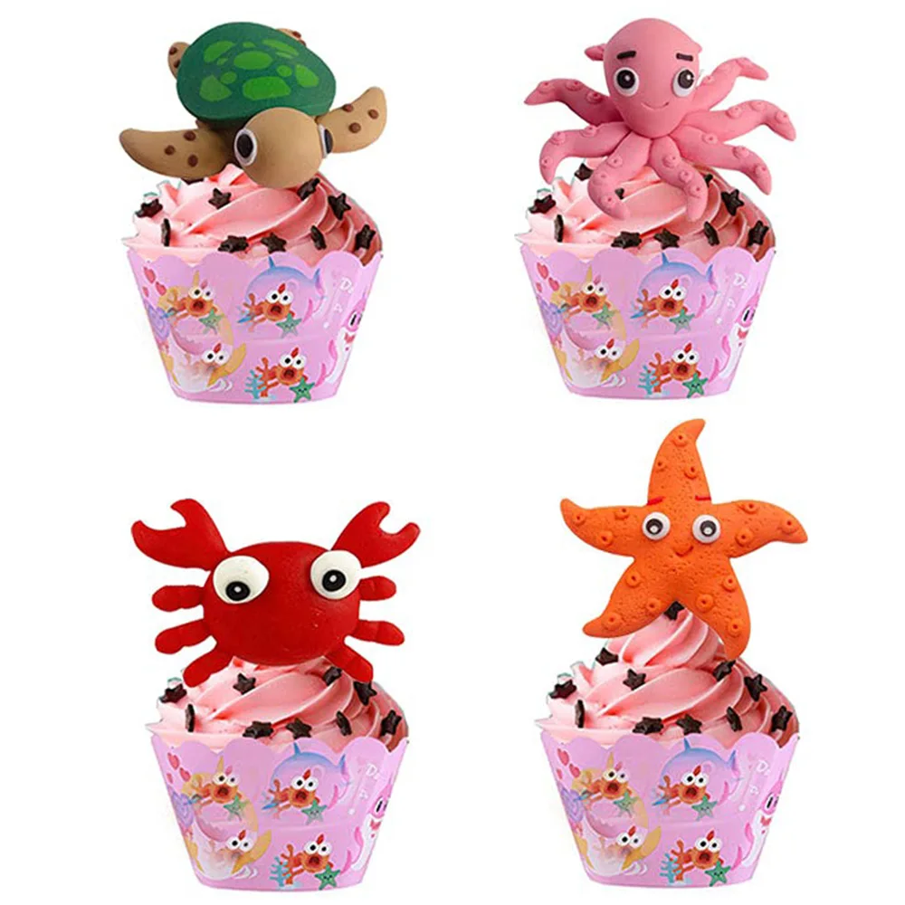 

4pcs Sea Birthday Theme Cake Topper Turtle Sea Star Crab Octopus Kids Under the Sea Ocean World Party Supplies Cupcake Topper