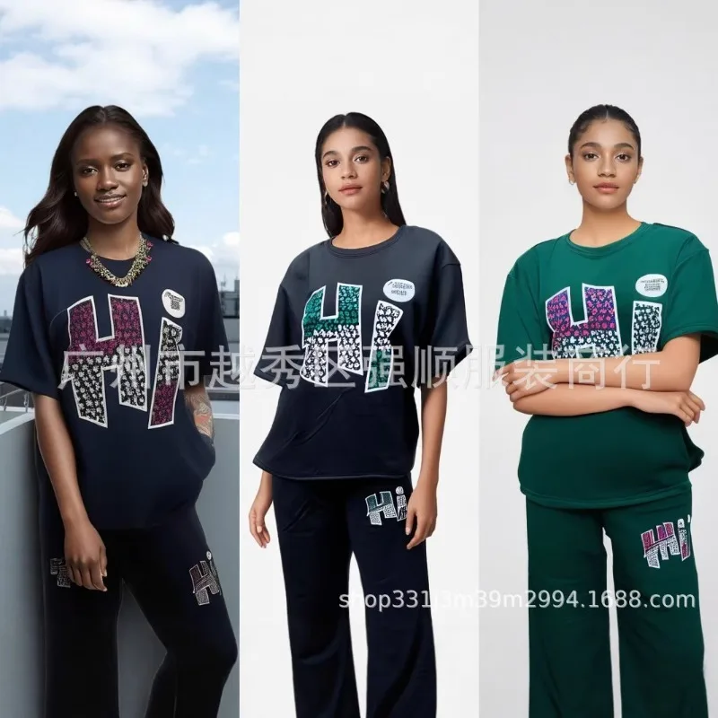 2 Piece Women Set Dashiki African Clothes Summer Spring New Fashion Short Sleeve Top And Pants Suit Party Lady Matchi