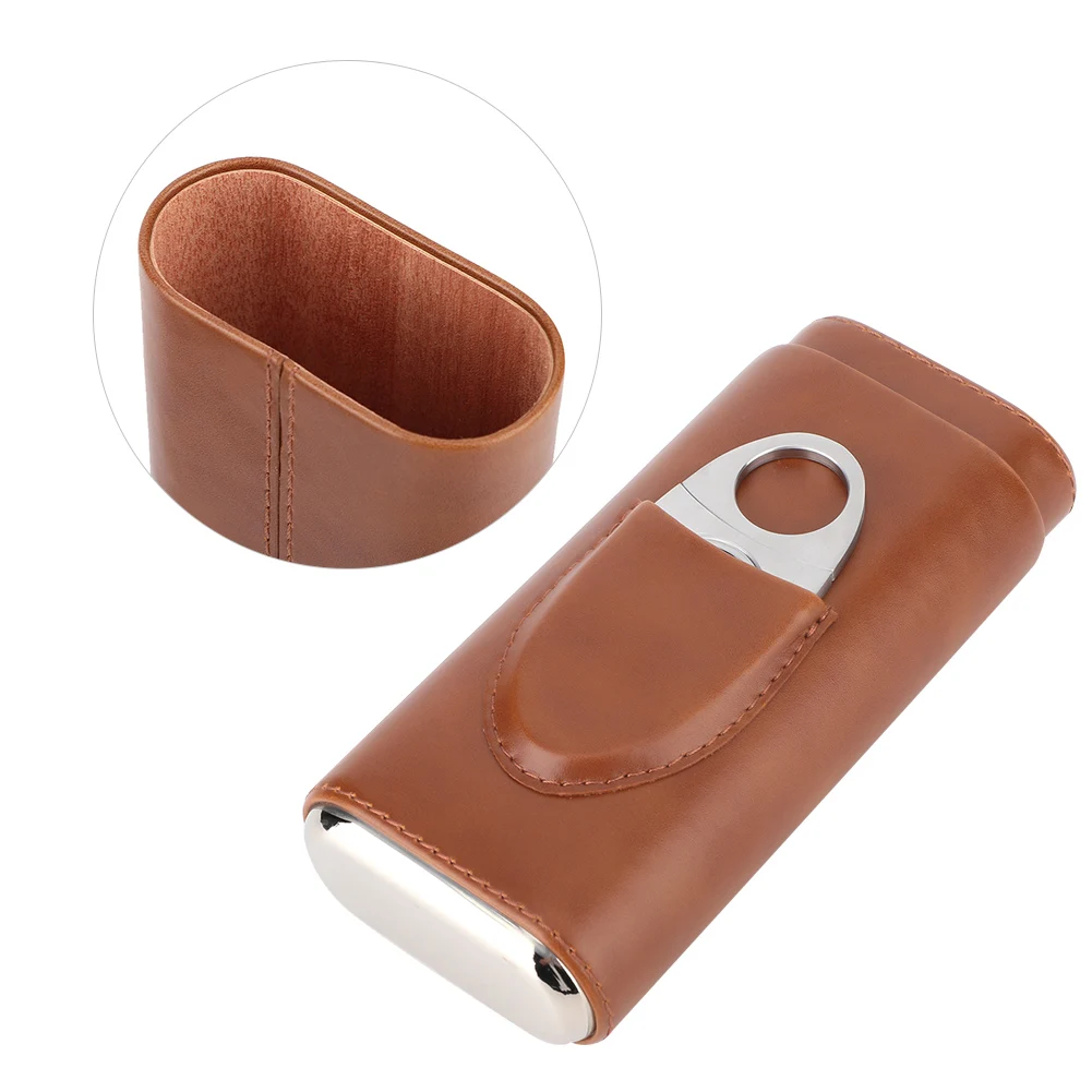 Cigar Case Leather Case Portable Leather Cedar Wood Lined Humidor with Cutter for 3 Cigars