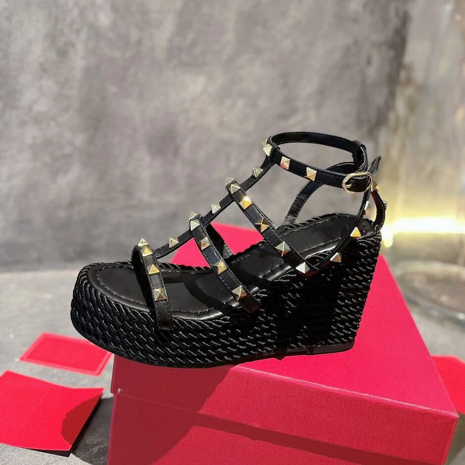 

Genuine Leather Wedge Heels For Women, Gladiator Sandals, Rivets, Narrow Band, Platform Designer Shoes, New, Summer, Size 35-41