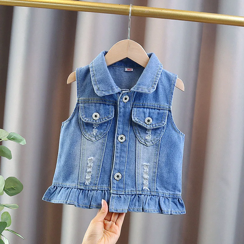  여자 귀여운 데님 조끼, 뒷면에 백조, 우아한 아동 민소매 청자켓,  캐주얼 데님 조끼, 2-9세