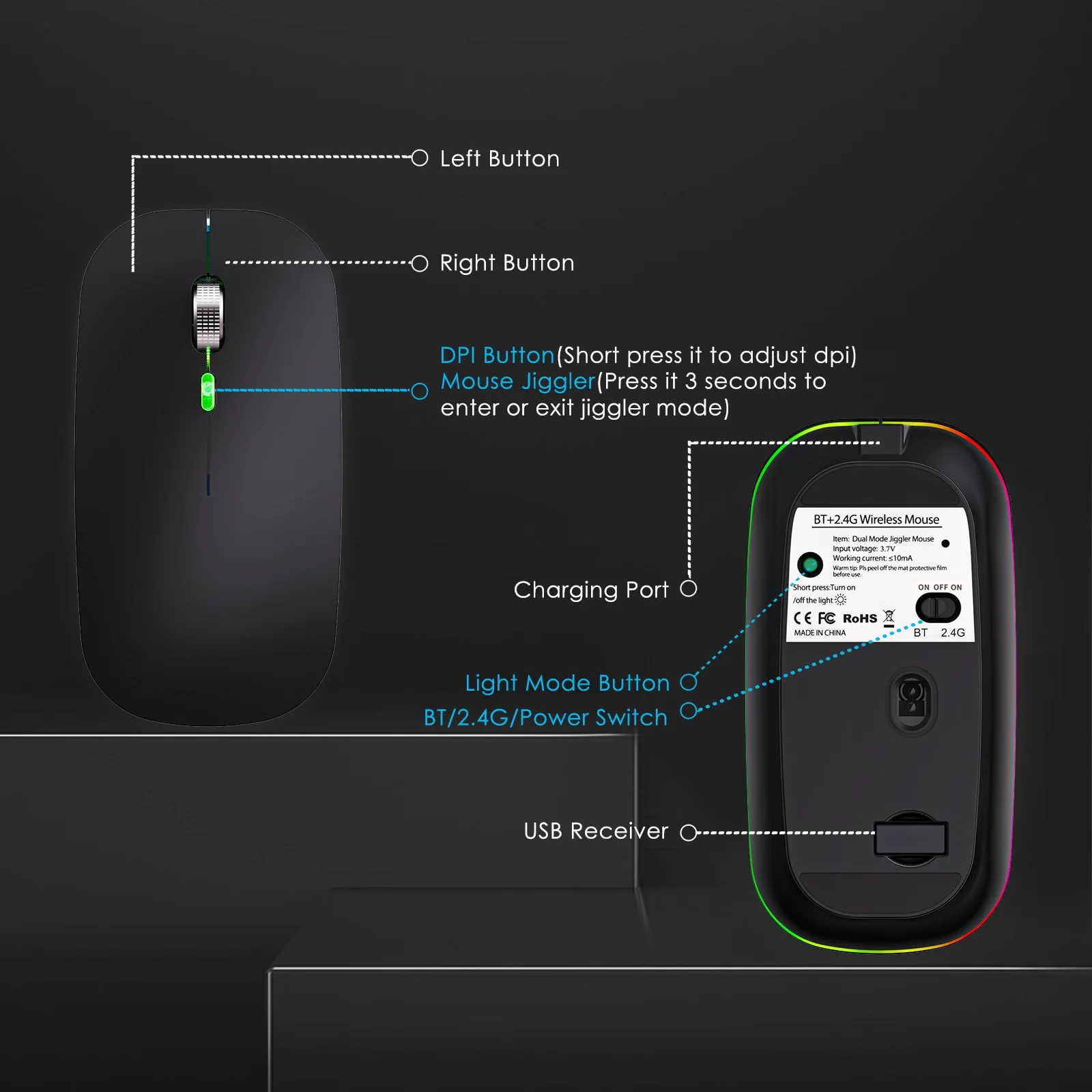 2 in 1Wireless Mouse with Mouse Mover Rechargeable LED Dual Mode USB Wireless Mouse Jiggler  Undectable Device