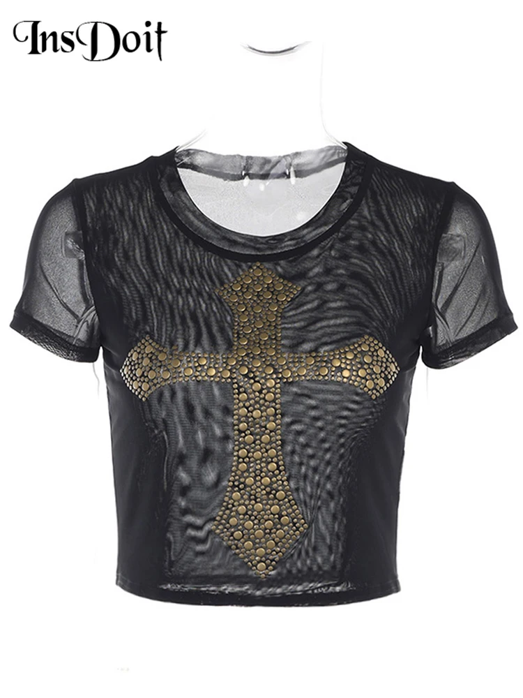 

InsDoit Gothic Criss Cross Diamond Print T-Shirt Women Vintage Hip Hop Dark Punk Grunge Short Sleeve Slim Tees E-girl Halloween
