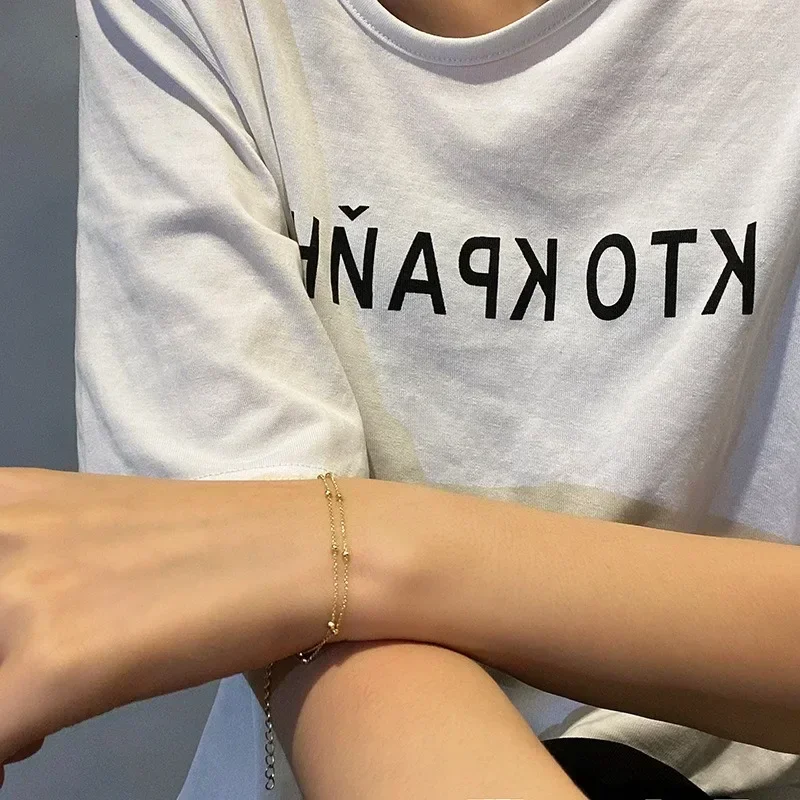 Double Layers Small Round Beads Bracelet Women's Hand Bracelet Gold Color Chain Simple Female Ball Jewelry
