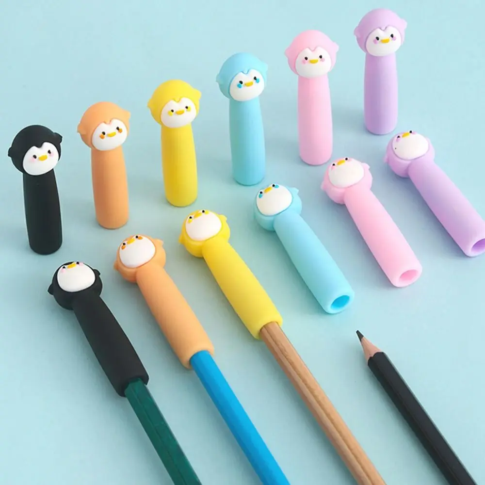 6pcs/12pcs 고품질 펭귄 모양 연필 펜촉 보호대 부드러운 고무 연필 연장기 펜 캡 학교 사무실
