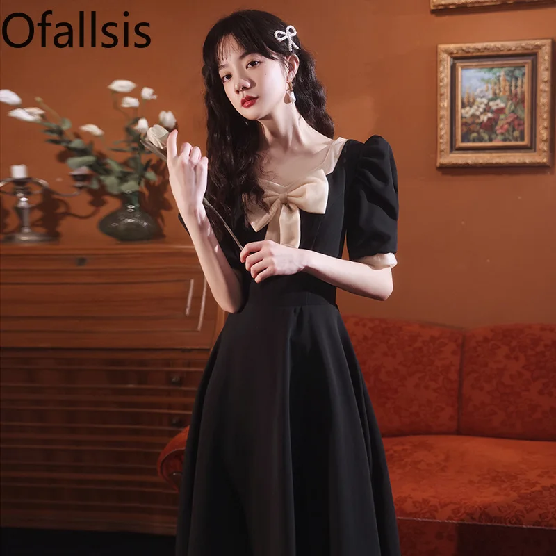 

Ofallsis French Style Color Contrast Evening Dress 2024 Autumn New Elegant Retro Style Banquet Host Dresses Female Vestidos
