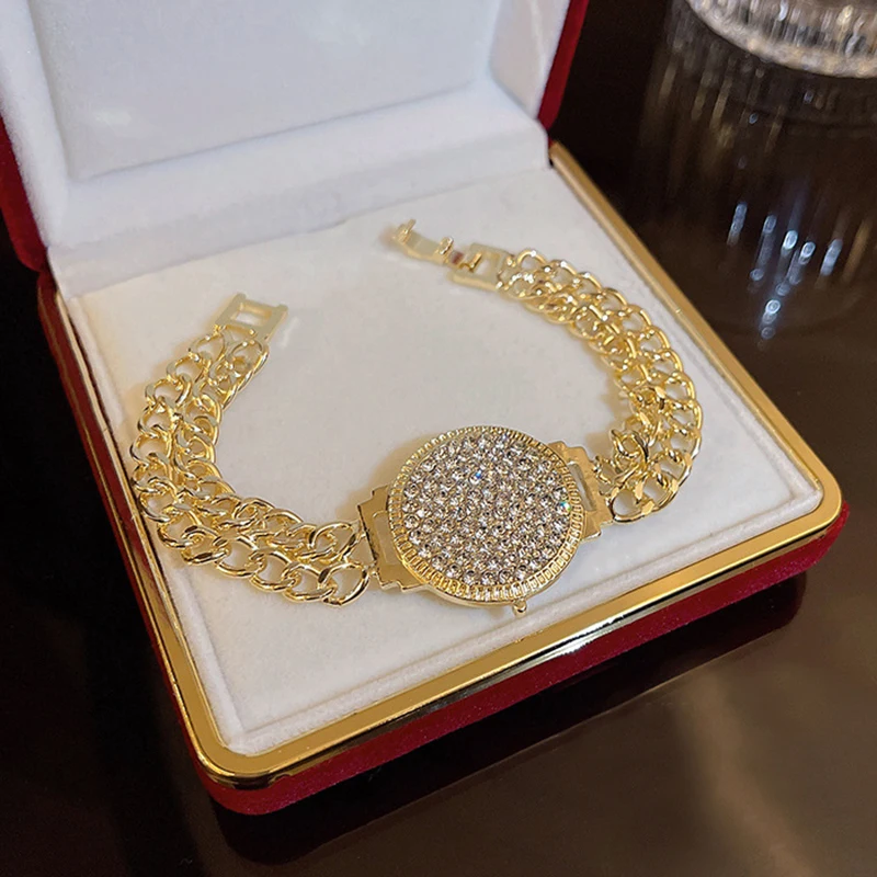 Fashion Bracelet Fashion Jewelry Luxurious Full of Rhinestone Clock Dial Bracelets For Women Shiny Crystal Gold Plated Bracelet Party Jewelry Gift