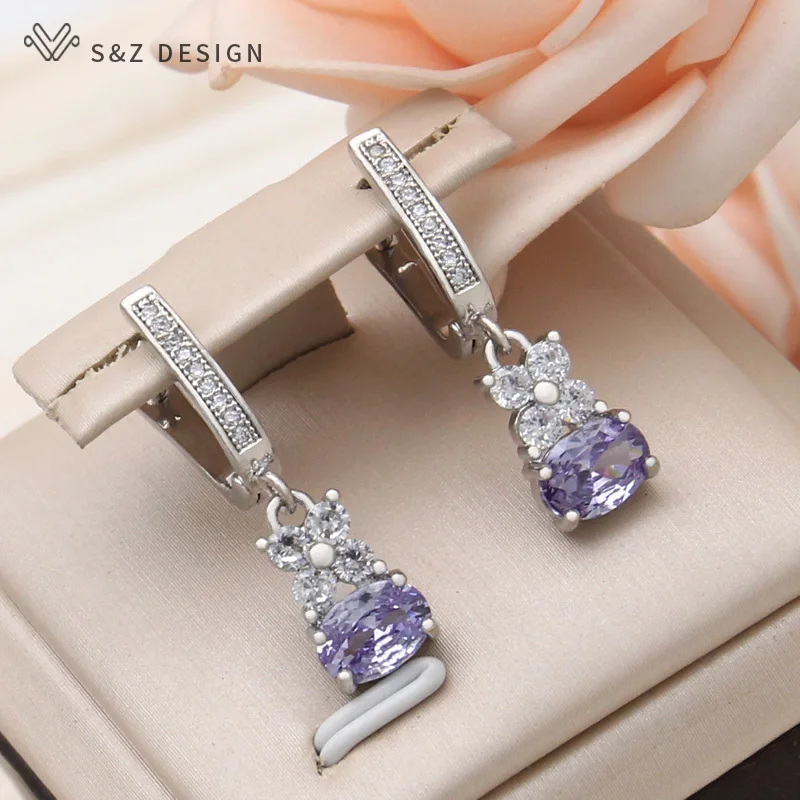 S&Z DESIGN New Fashion 585 Rose Gold Color Cubic Zirconia Lovely Flowers Dangle Earrings For Women Trendy Jewelry Fine Gift