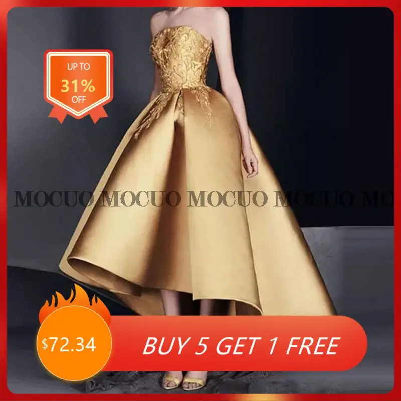 

Latest Gorgeous High Low Gold Prom Party Gowns Satin Strapless Short Front Long Back Wedding Guest Dresses Lace Ball Gown