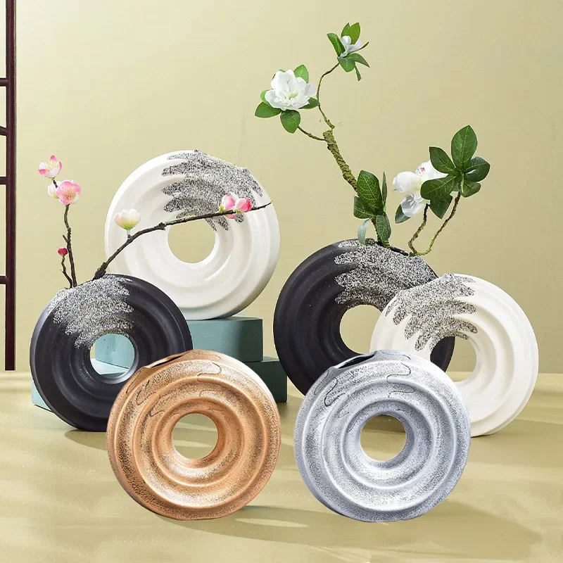 Nordic Retro Ceramic Vase Home Decoration Circular Flower Ware Creative Dry Insertion Living Room Bedroom, Table Decoration, 1PC