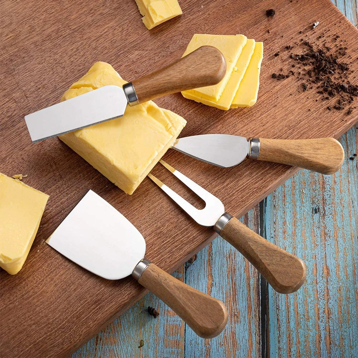 Leeseph 4pcs Cheese Knives Set with Wooden Handle, Steel Stainless Cheese Knife for Charcuterie Spread and Butter Cutter