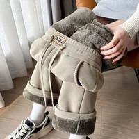 Plus Size Thickened Lamb Velvet Corduroy Wide Leg Women's Pants High Waist Straight Long Trousers Autumn Winter Plush Pants