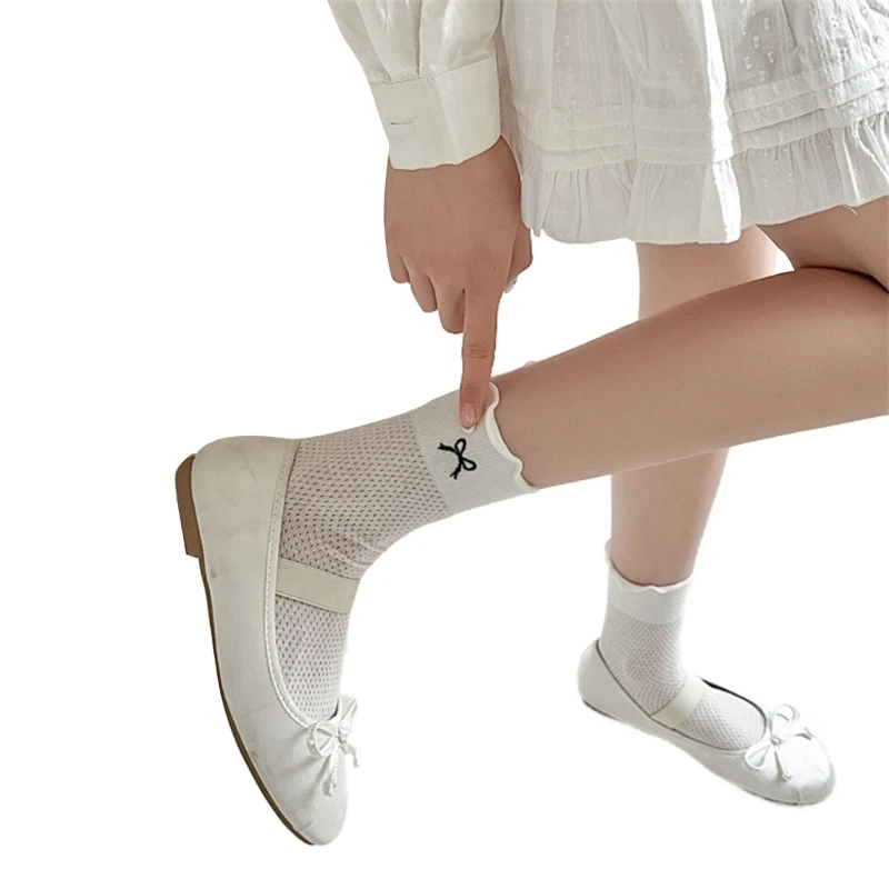 

Women Stretch Cotton Socks with Embroidered Bowknot Ruffle Frilly Ankle Socks