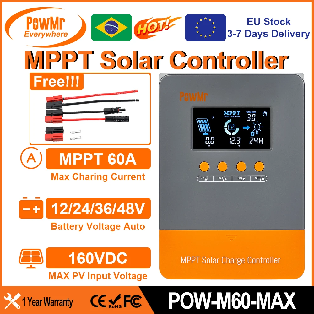 Powmr 60A MPPT solární nabít regulátor pro 12/24/36/48V baterie maxi 160VDC PV panel vstupní s širokoúhlým a nový kabeláž porty