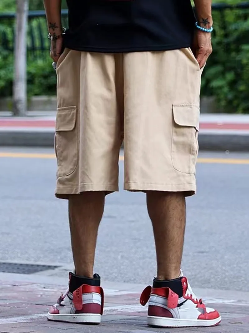 Solid color cargo shorts multi-pocket men's summer baggy straight size simple casual sports pants