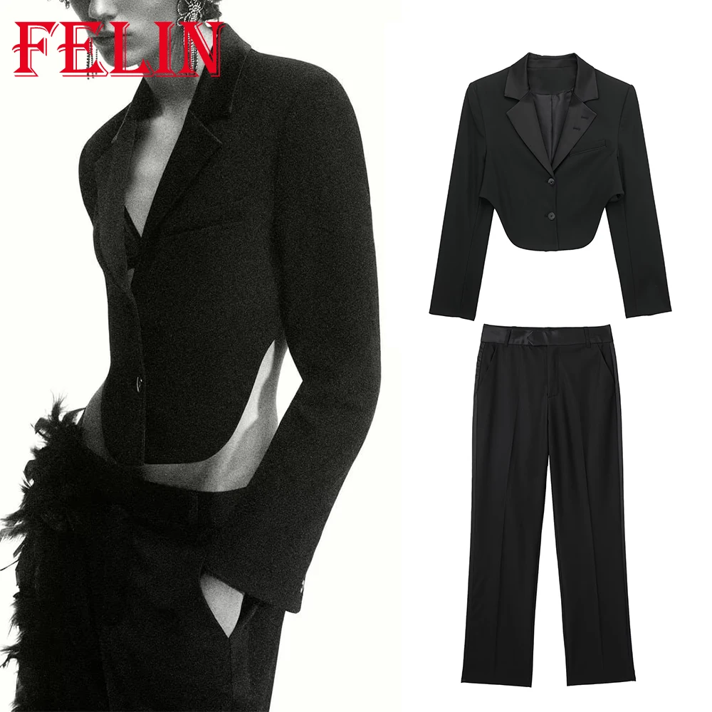 TRAF 2022 Office Lady Women Suit Solid Lapel Patchwork Button Blazer Stright Zipper Pockets Long Straight Pants Fashion Sets