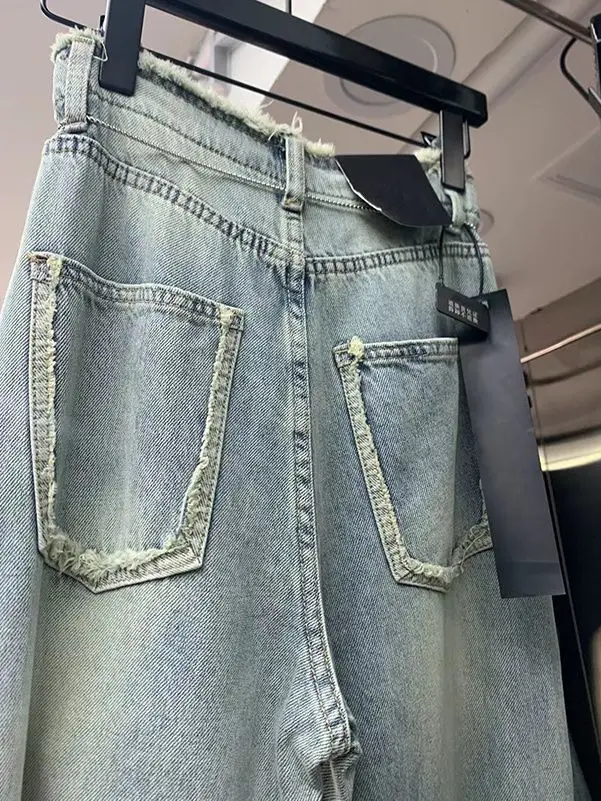 Heavy Embroidery Hot Drilling Starry Raw Hem High Waist Jeans Women's Summer Thin Loose Fashion Mop Wide Leg Pants