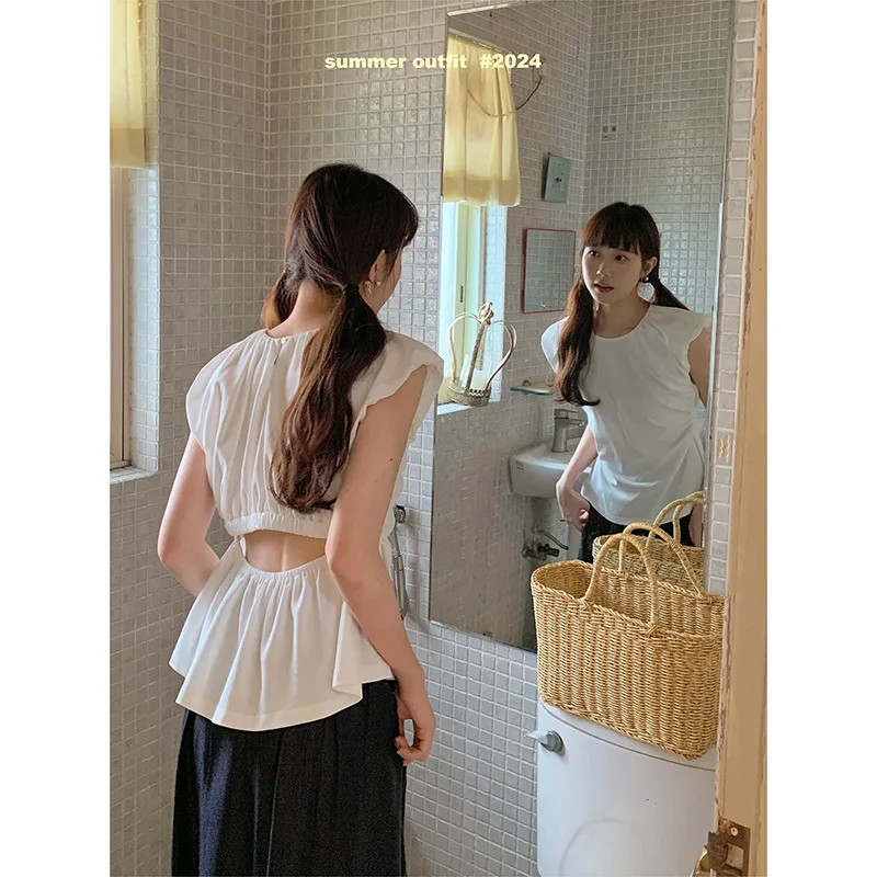 

Back Hollowed Out Fashion Summer 2024 New 70% Cotton Shirt Femme T Shirt Women Blusas Mujer De Moda