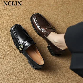 2025 Women Spring New Black Platform Flats Shoes Women Loafers Slip on Boat Shoes Designer Casual Leather Oxfords Shoes