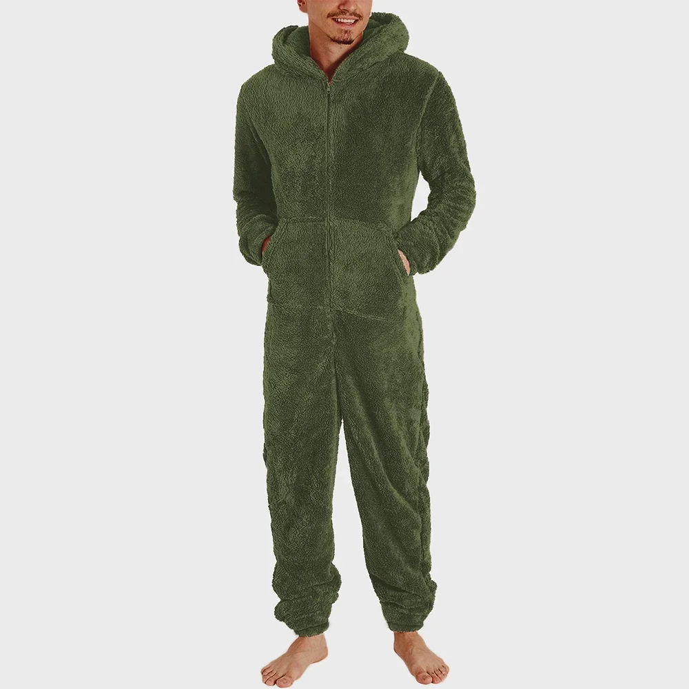 Men New Thick Warm Hooded Pajamas Winter Adult Casual Jumpsuits Couple Zipper Fleece Slim Sleepwear Nightgown Youth Loungewear