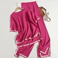 Elegant O-neck Side Slit Pullover Short Sleeve Wide Leg Pants 2-pieces New In Sets Women Solid Casual Sweatshirt Spring Summer 1