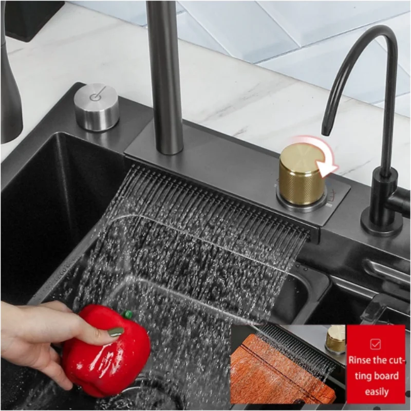 Nano 304 Stainless Steel Flying Rain Waterfall Sink Large SingleTrough Vegetable Basin kitchen accessories kitchen sink Kitchen Cup Washer Household Lleft Side