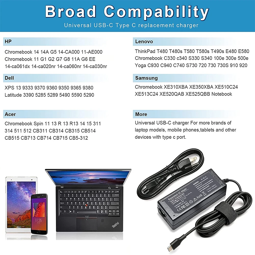 65W USB-C Charger Power supply Adapter Replacement cord for Acer - Main Image