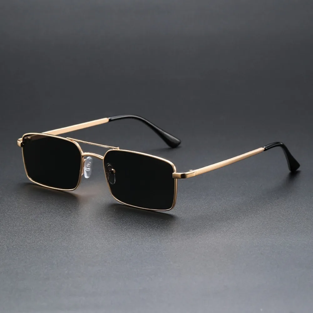 Elegant Vintage Double Bridge Square Sunglasses with Gold Metal Frame and Black Lenses - Luxury Men's Streetwear Eyewear