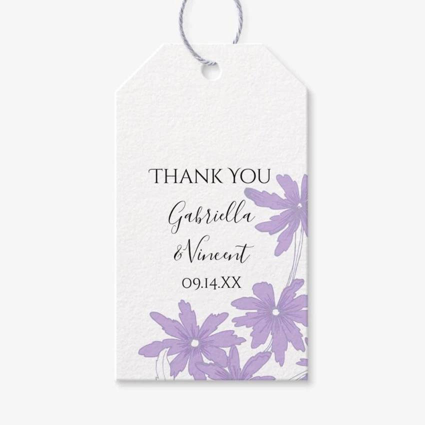 100 Cartellini Personalizzati Per Bomboniere E Regali - 7x4,5cm - Testo A Scelta (Viola)
