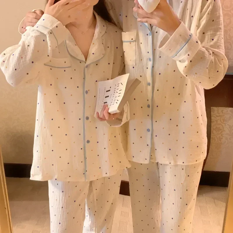 

Autumn Pajama Set Color Korean Elegant Round Sleep Home Long Winter Simple Lovers Sleeve Dot Women Cotton Couple Tops Kawaii