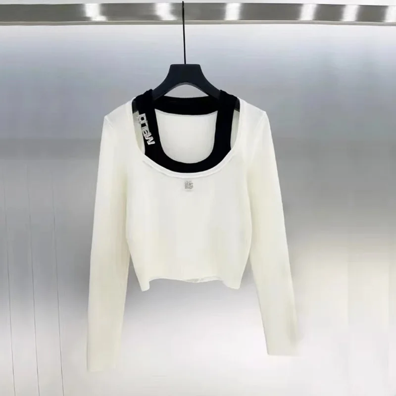 

HIGH STREET Spliced rhinestone decorative square neck slim fit long sleeved short top